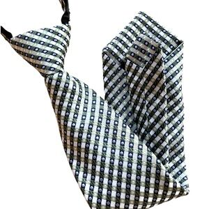 Boys’ Zipper Tie Green Blue White Square and Dot Plaid Polyester EUC